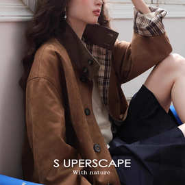 素舶 柔雾感麂皮 格纹正反两面穿VTG立领外套SUPERSCAPE