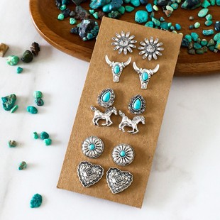 Western Denim Style Pine Stone Earrings Retro Ethnic Style Pine Stone Flower Cow Head Horse Love Carved Earrings for Women