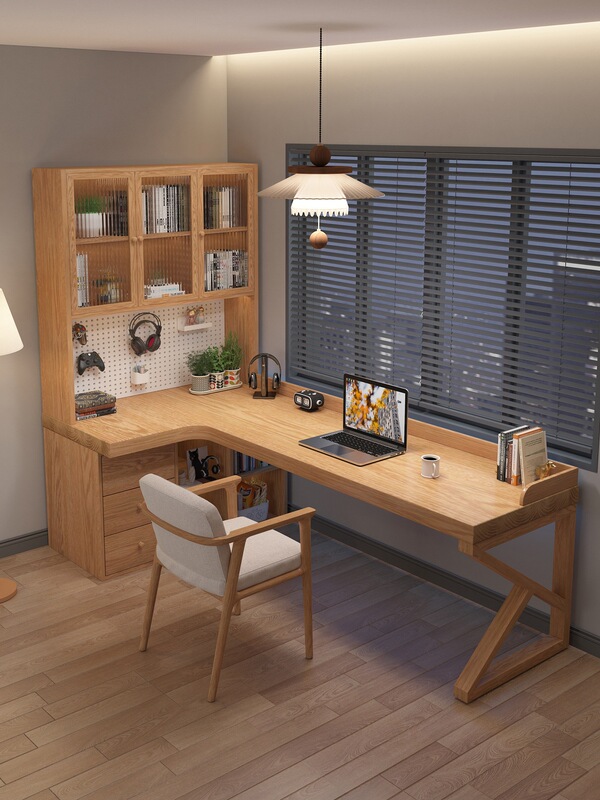 Perforated Board Solid Wood Corner Desk and Bookshelf Combo for Bedroom, L-Shaped Computer Desk, Corner Study and Office Desk with Drawers