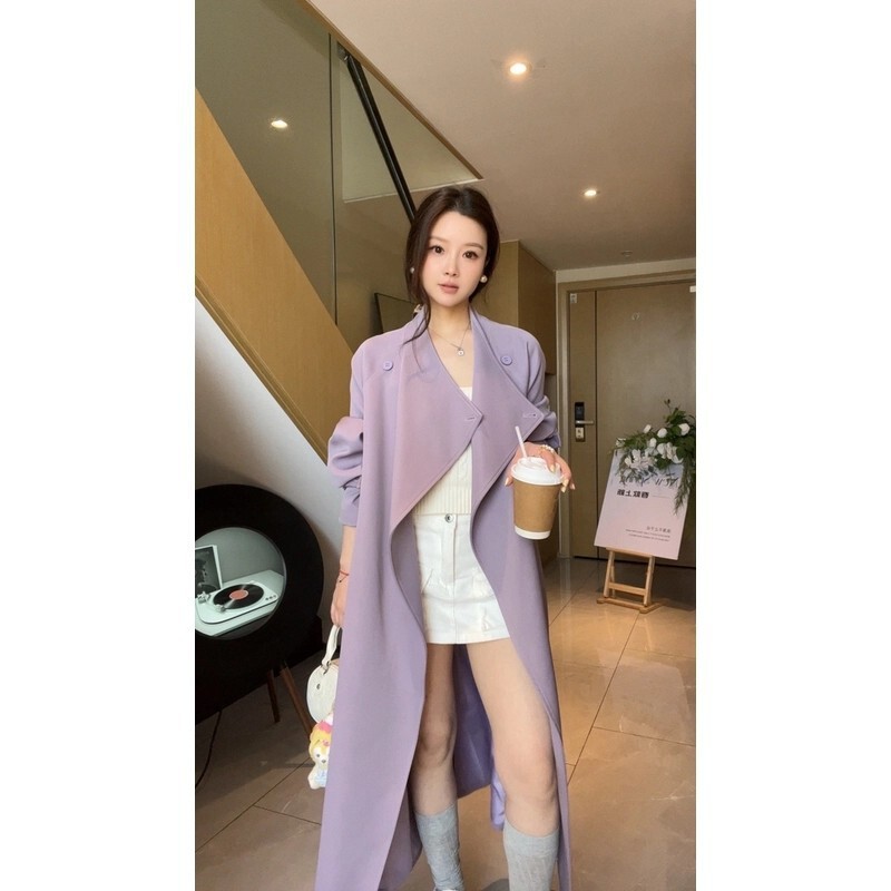 Benview【Exclusively for Physical Stores】Large Lapel Purple Trench Coat, Stylish Outerwear for Women, Autumn Style, Casual with Drawstring