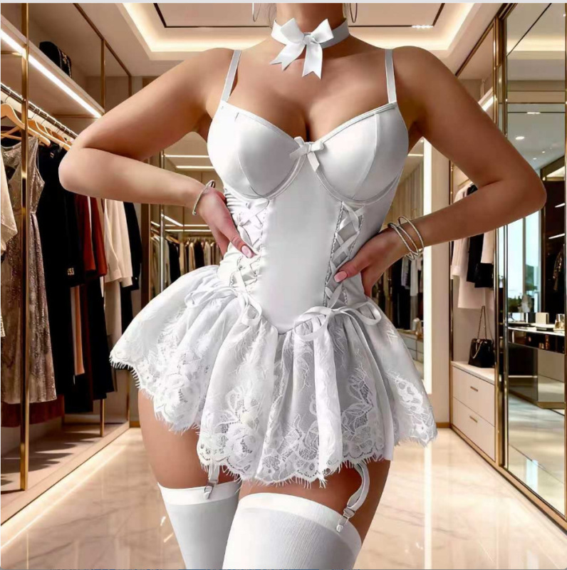 Girl's Ribbon Pure Desire Style Sexy Underwire Push-Up Lace Trim Tutu Skirt Bow Backless Lingerie Set