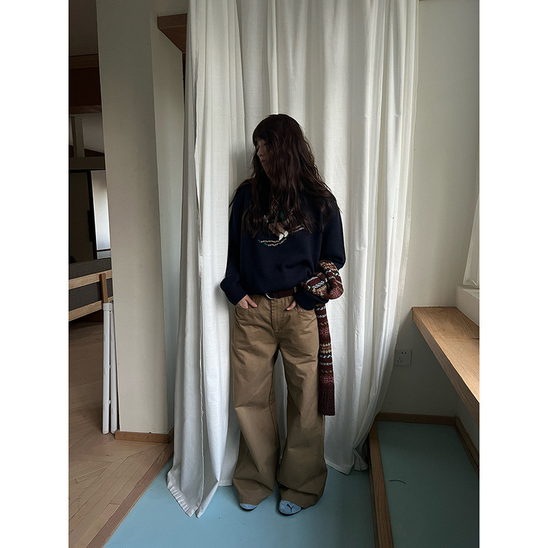 POXFFEE/砂洗质感磨毛休闲裤长裤女秋冬阔腿直筒宽松bf慵懒风裤子|undefined