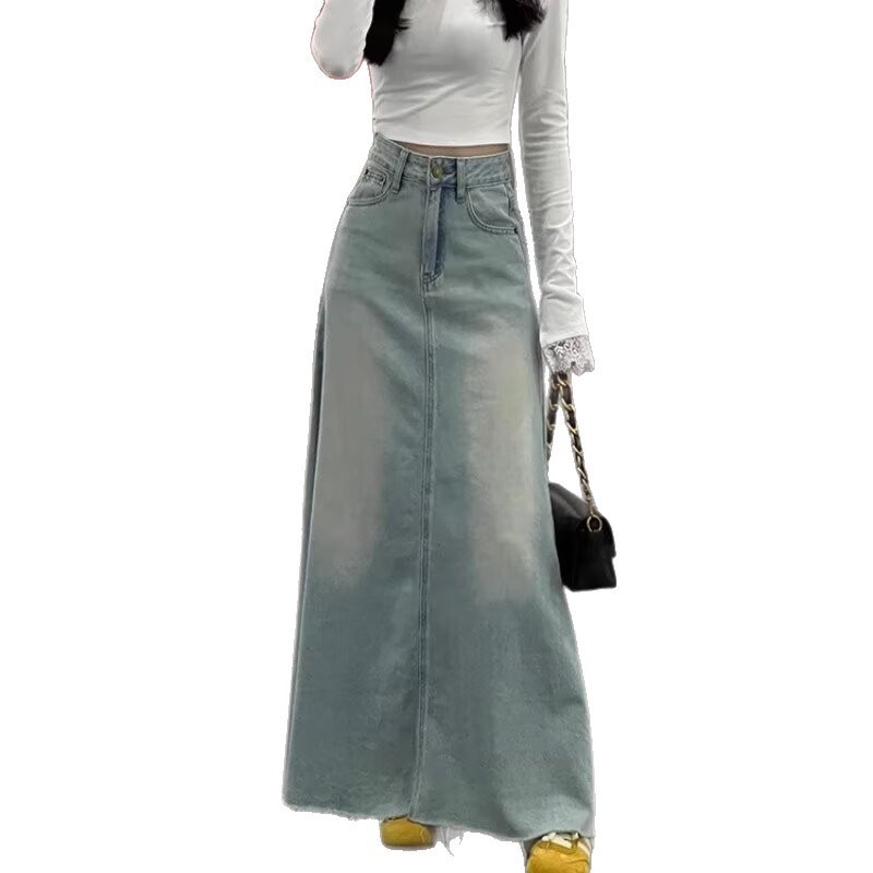 レトロウォッシュローエッジデニムスカート女性のための春の新しいハイウエストAラインロングスカートルーズ痩身ヒップスカートトレンディ|undefined