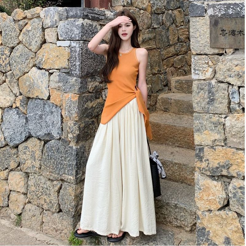 French-Style Casual Summer Set Pure Desire Sleeveless Irregular Slim T-Shirt for Women + Drapey High-Waisted Wide-Leg Pants Two-Piece Set