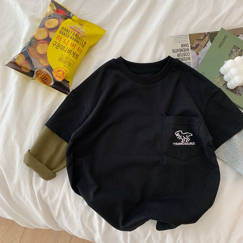 子供の対照的な色の恐竜偽ツーピース Tシャツ男の子綿ルーズカジュアル長袖ボトムシャツ子供の春子供服トップス|undefined