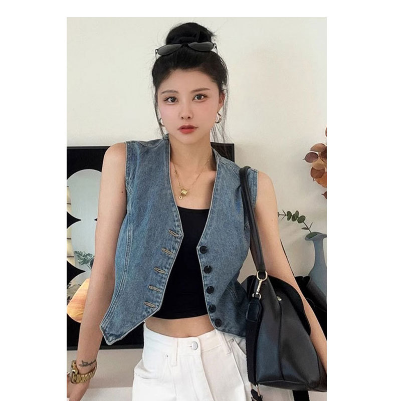 Vintage V-Neck Denim Vest Women's Summer Fashion Elegant Irregular Short Sleeveless Top Small Coat All-Match