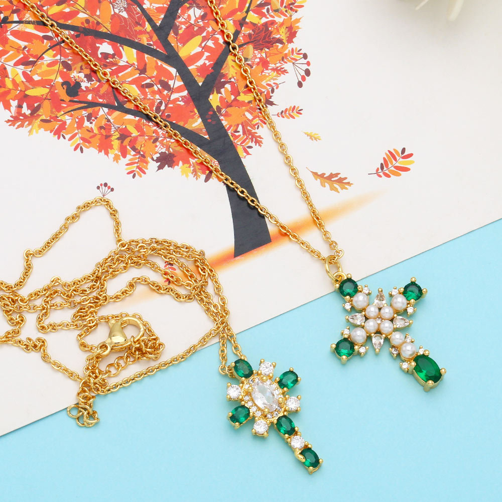 Fashion Cross Copper Pendant Necklace Inlay Pearl Zircon Copper Necklaces