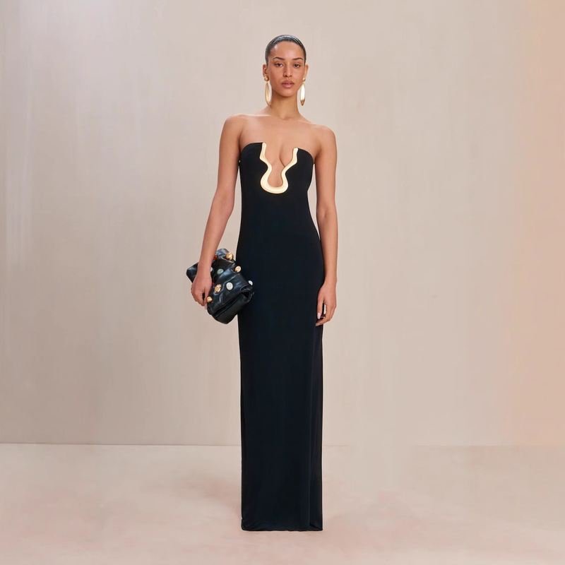 2025 Cross Border Bandage dress Amazon Explosions Black Strapless Deep V Metal Banquet Party Dress Long Dress 2025 Cross Border Bandage dress Amazon Explosions Black Strapless Deep V Metal Banquet Party Dress Long Dress