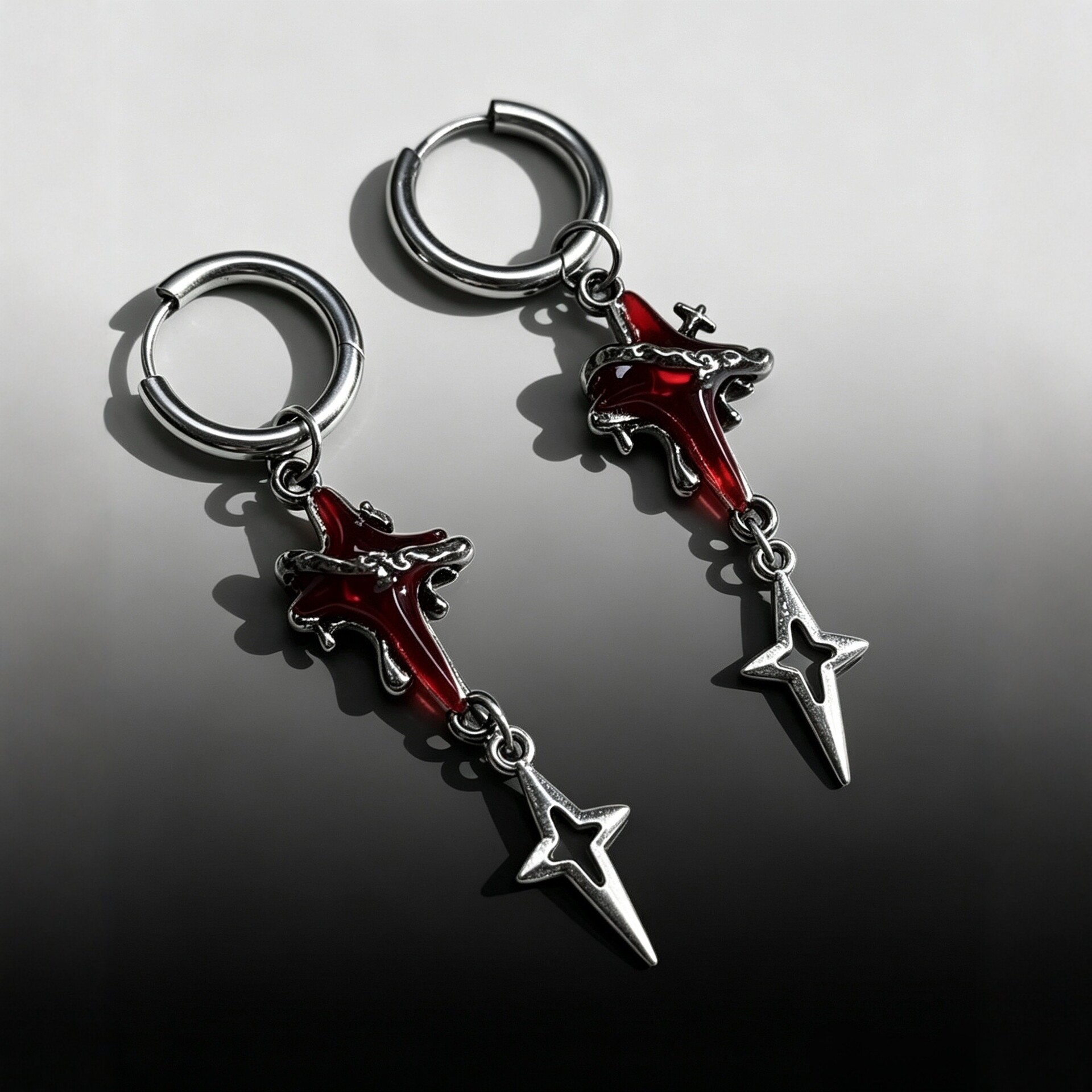 Vintage distressed red cross earrings, niche dark style star pendant hoops, subculture personality earrings