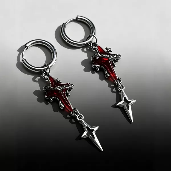 Vintage distressed red cross earrings, niche dark style star pendant hoops, subculture personality earrings
