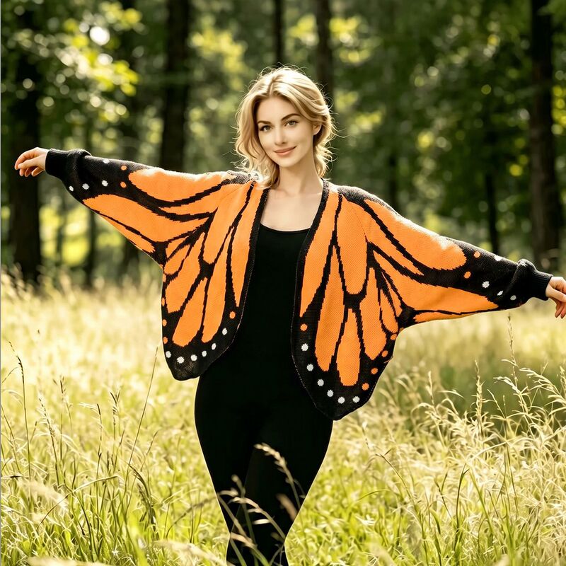Cross-border bestseller women's spring and autumn knitted cardigan butterfly cape with color-blocking crochet, loose fit, bat sleeves, and three-dimensional texture Cross-border bestseller women's spring and autumn knitted cardigan butterfly cape with color-blocking crochet, loose fit, bat sleeves, and three-dimensional texture
