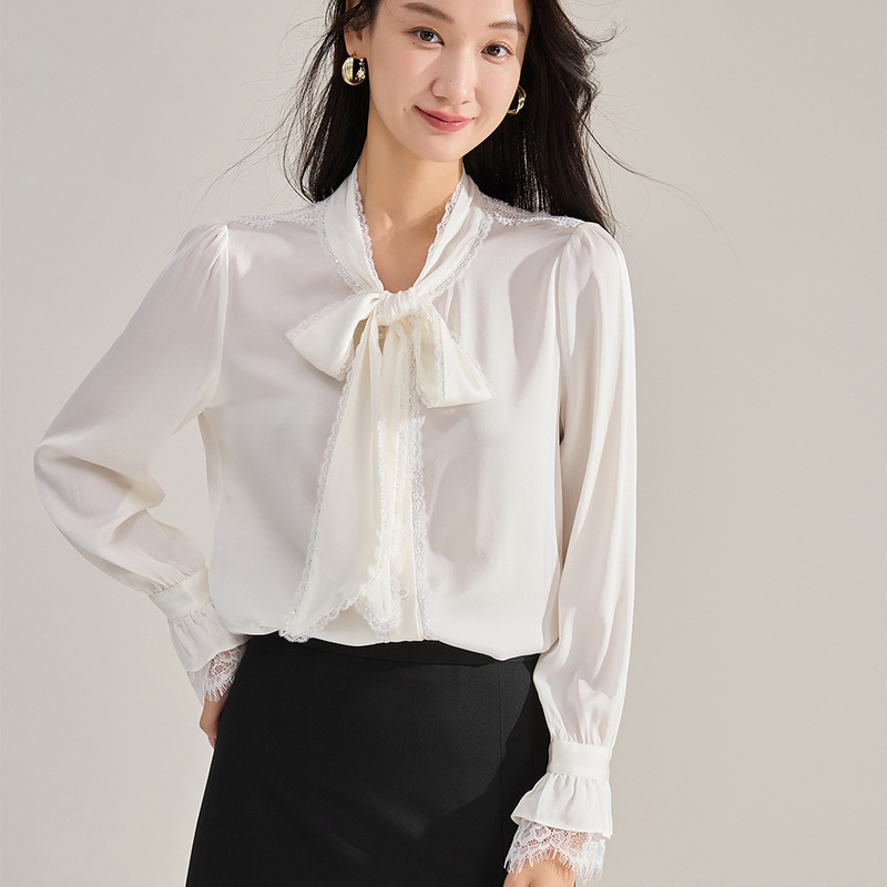26 Spring New Commuting Professional Elegant Patchwork Lace Trim Tie Collar Long Sleeve Shirt Top for Women 22372