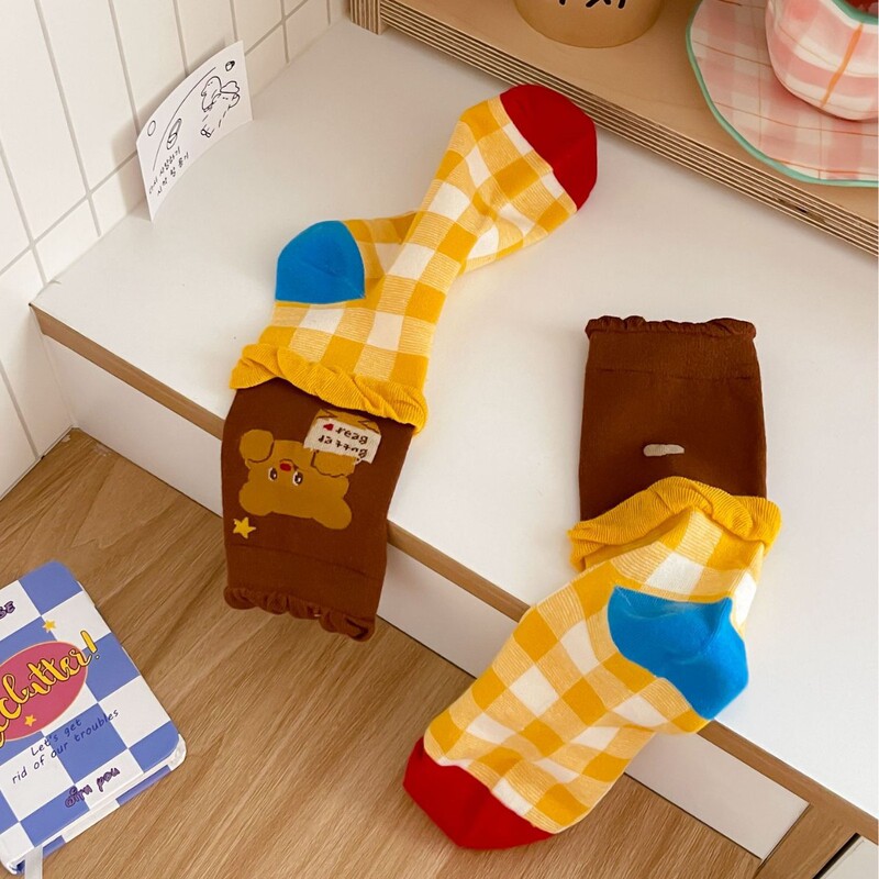 Korean Dongdaemun Cartoon Socks for Women, Mid-Calf, Spring and Autumn, Butter Bear, Cute, Unique, Color-Blocking, Versatile, Creative Long Socks Korean Dongdaemun Cartoon Socks for Women, Mid-Calf, Spring and Autumn, Butter Bear, Cute, Unique, Color-Blocking, Versatile, Creative Long Socks