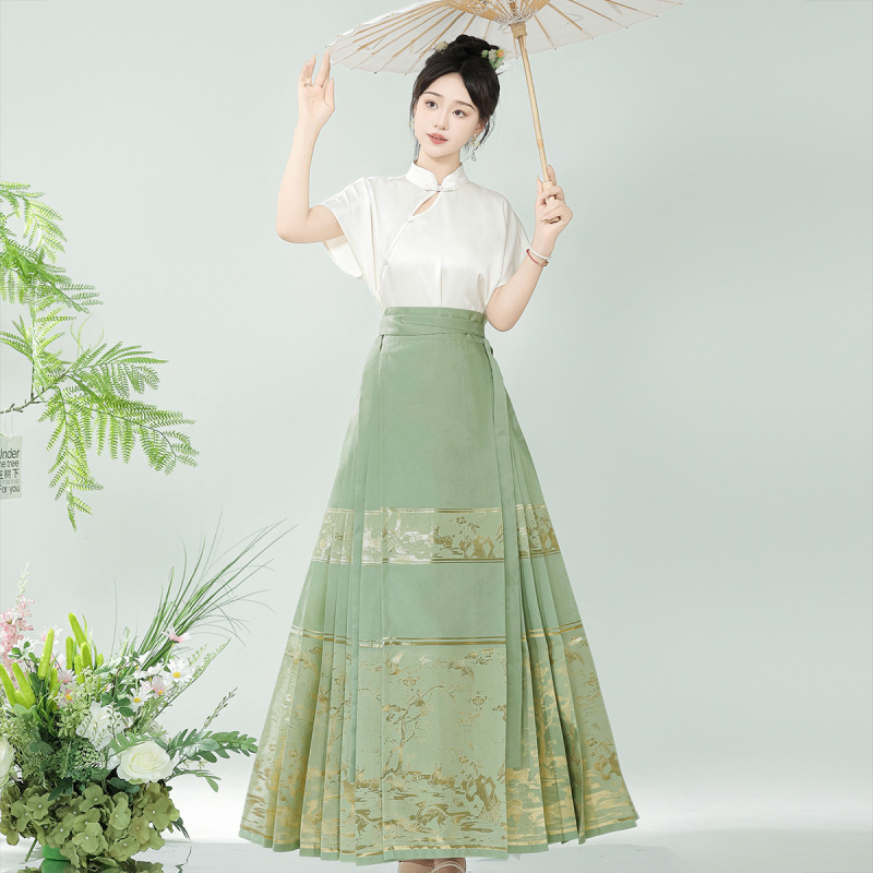 原创鹤鹿同春汉服女中国风改良汉元素新中式长款薄款马面裙8934|undefined