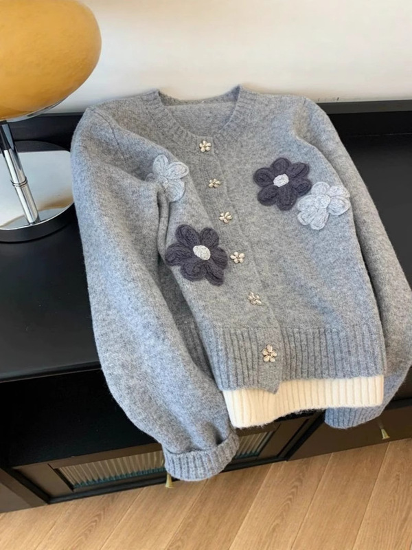 韓国風刺繍花ルーズセーターレディースジャケット2025秋冬新スタイルレイジースタイルヘビーニットカーディガントップ|undefined