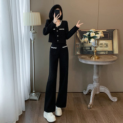 高級黒ファッションスーツ2025年秋冬新作フレンチスタイルトップストレートパンツツーピースレディースセット