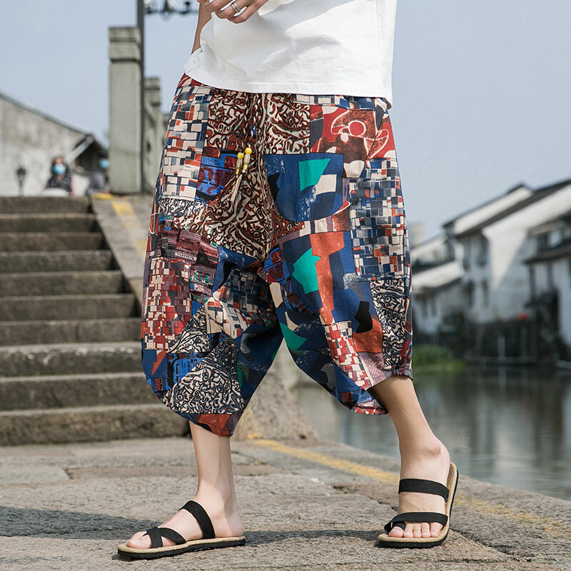 Summer Travel Cotton and Linen Chinese Style Cotton and Linen Casual Pants for Men and Women, Nepalese Wide-Leg Pants, Large Size Men's Cropped Pants