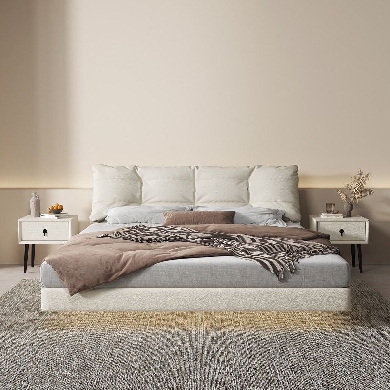 Eco Leather Suspension Bed Italian Minimalist Cloud Floating Bed Cream Style Master Bedroom Double Storage Fairy Bed Wedding Bed