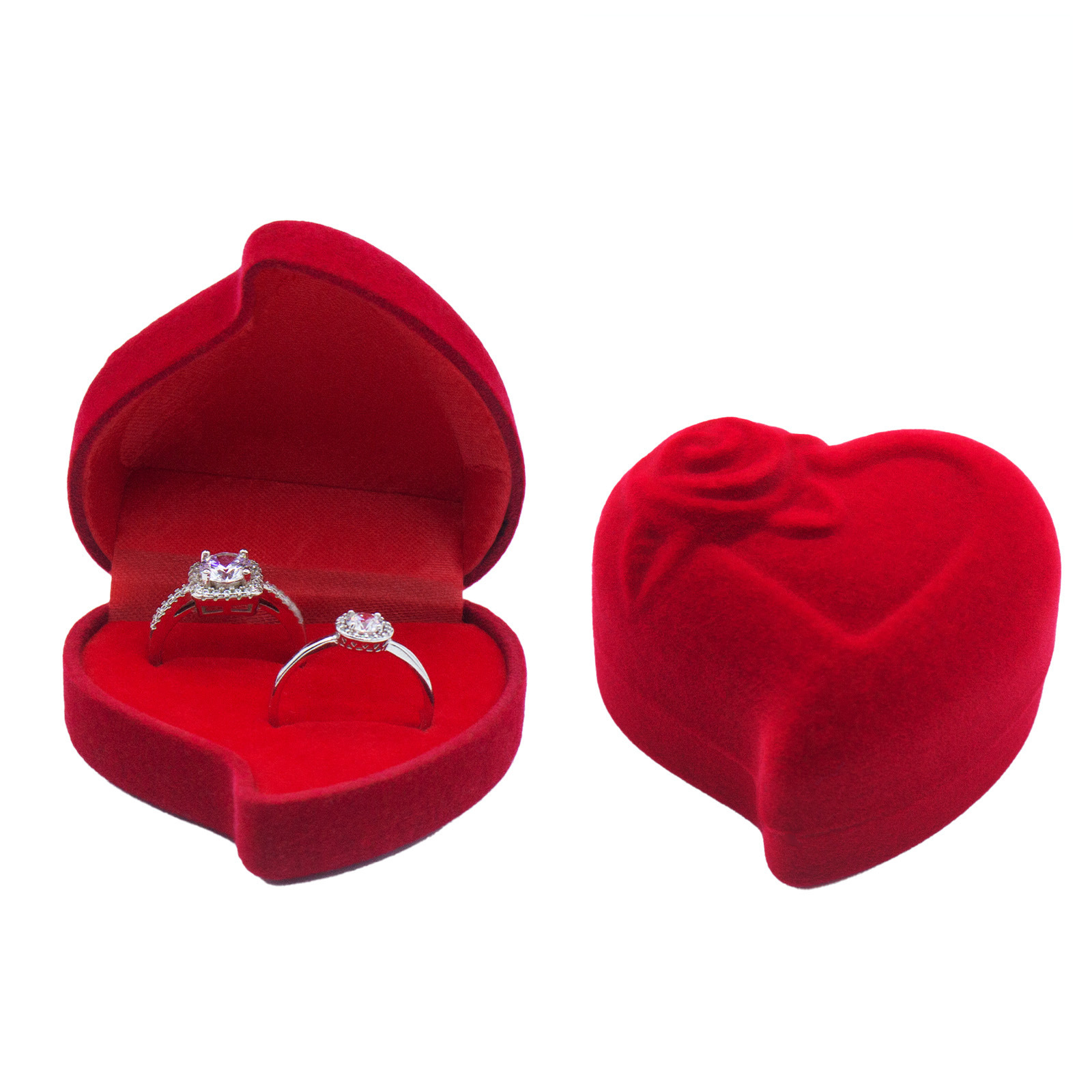 Caja para anillos con forma de corazón y flor de melocotón, con exterior rojo e interior rojo para dos anillos; 60*60*40mm