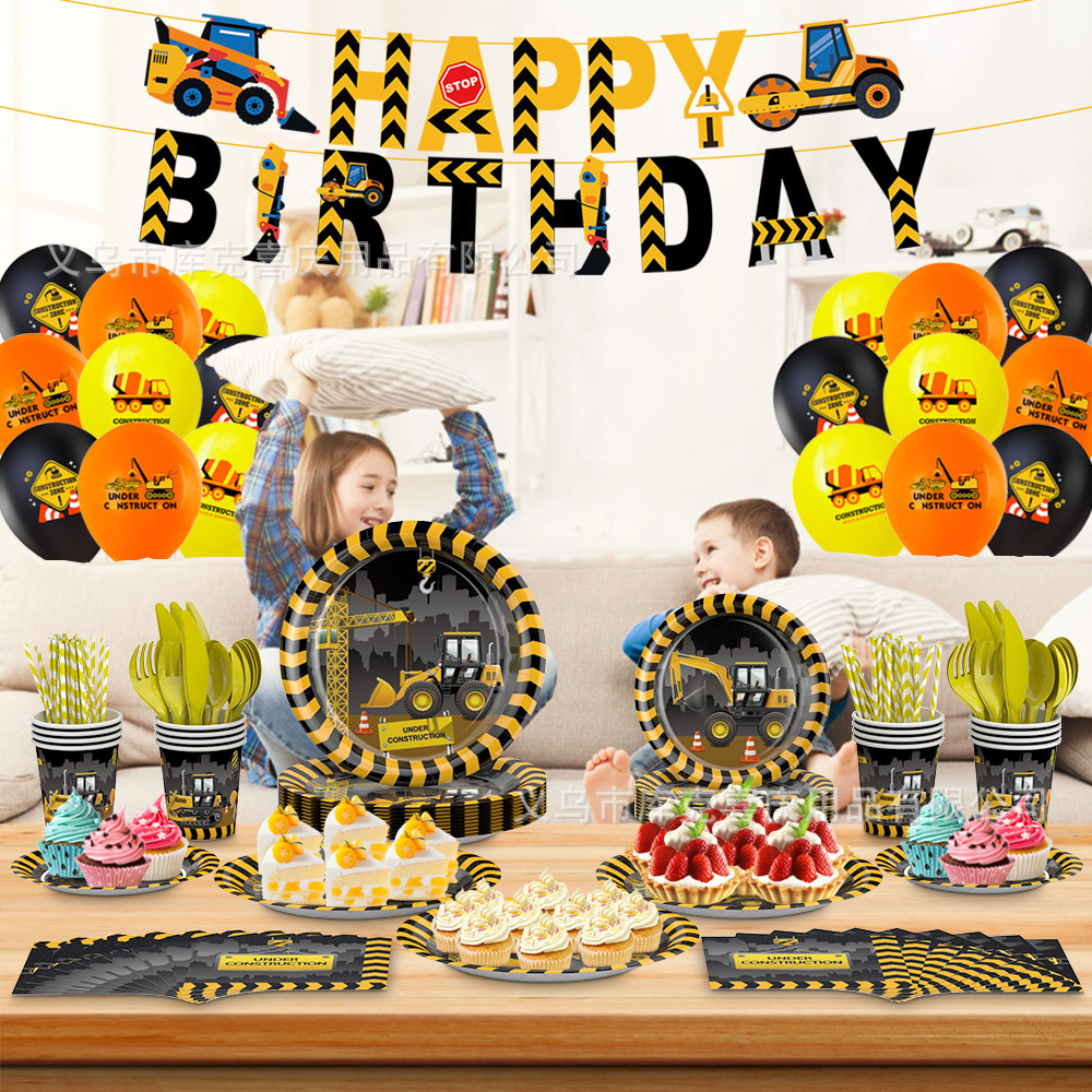 Amazon construcción ingeniería vehículo tema cumpleaños papel taza papel plato tejido tire bandera traje fiesta de los niños suministros de decoración