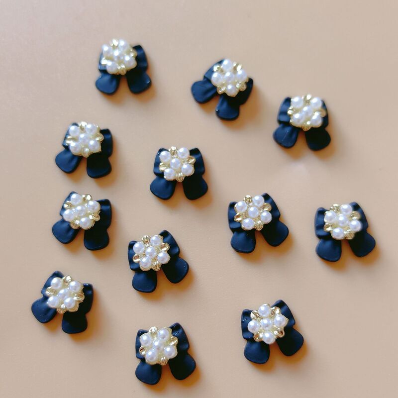 黑色蝴蝶结美甲饰品合金磨砂质感珍珠小香风指甲装饰品美甲小配件|undefined
