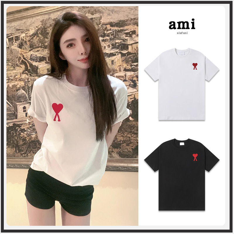 Foreign Trade Ami Short-Sleeved 2025 Early Spring New Product Classic Big Heart Towel Embroidered Casual Sports Loose Women's T-Shirt Couple