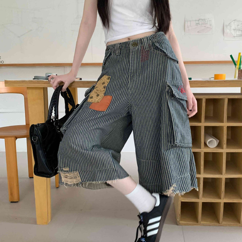 Large Size American Retro Design Striped Patchwork Denim Cropped Pants for Men and Women, Summer Loose Casual Wide-Leg Shorts