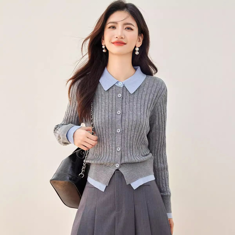Korean Style Stitching Top Knitted Cardigan Slimming Single-breasted Western Style Long-sleeved New Sweater Fake Two-piece Commuter Age-reducing
