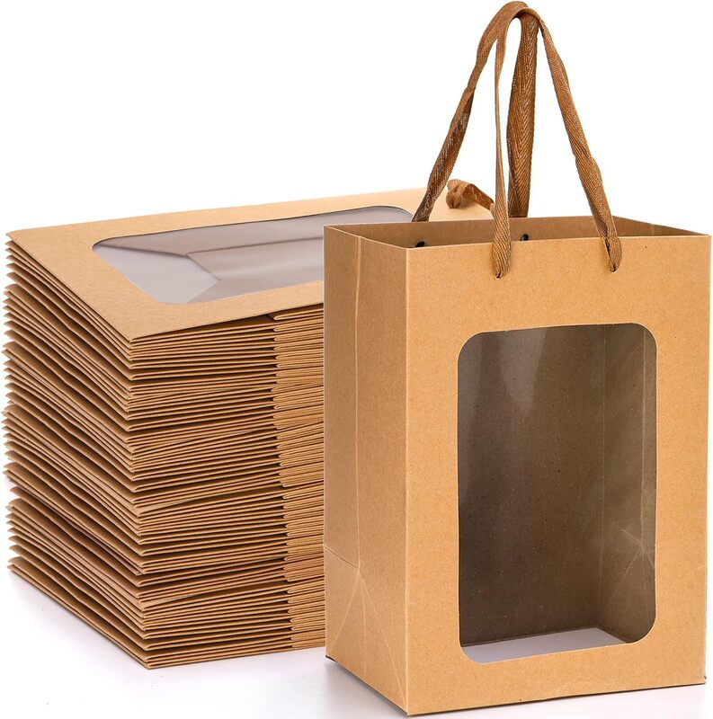 Cross-Border Amazon Brown Paper Gift Bag with Transparent Window and Handle for Bouquets, Christmas Parties, Weddings, Kraft Paper