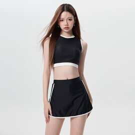 日韩简约分体裙式泳衣女夏性感黑白撞色显瘦遮肉小胸聚拢温泉泳装