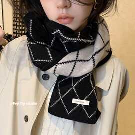 澳洲羊毛100%wool 小香风双面围巾菱形格子围脖冬季保暖韩版情侣