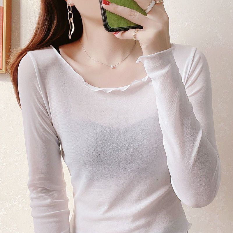 Ruffled Mesh Base Shirt for Women, Long-Sleeve, Autumn Thin Style, Large Round Neck, Lace Top, Solid Color, Slim Fit