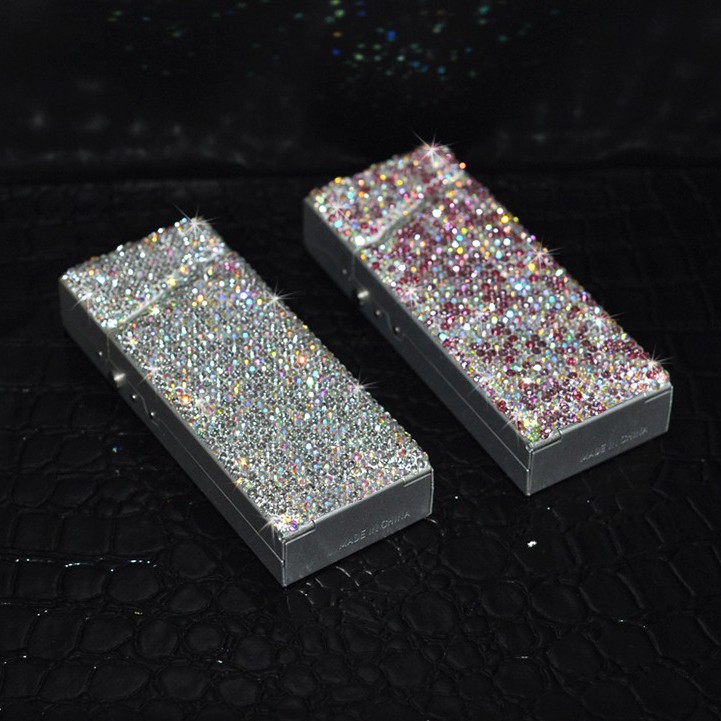 Estuche de Cigarrillos de Lujo Ligero con Incrustaciones de Diamantes para Mujer, Encendedor Electrónico a Prueba de Viento con Diamantes, Juego de Regalo de Cigarrillos para Comercio Exterior Transfronterizo