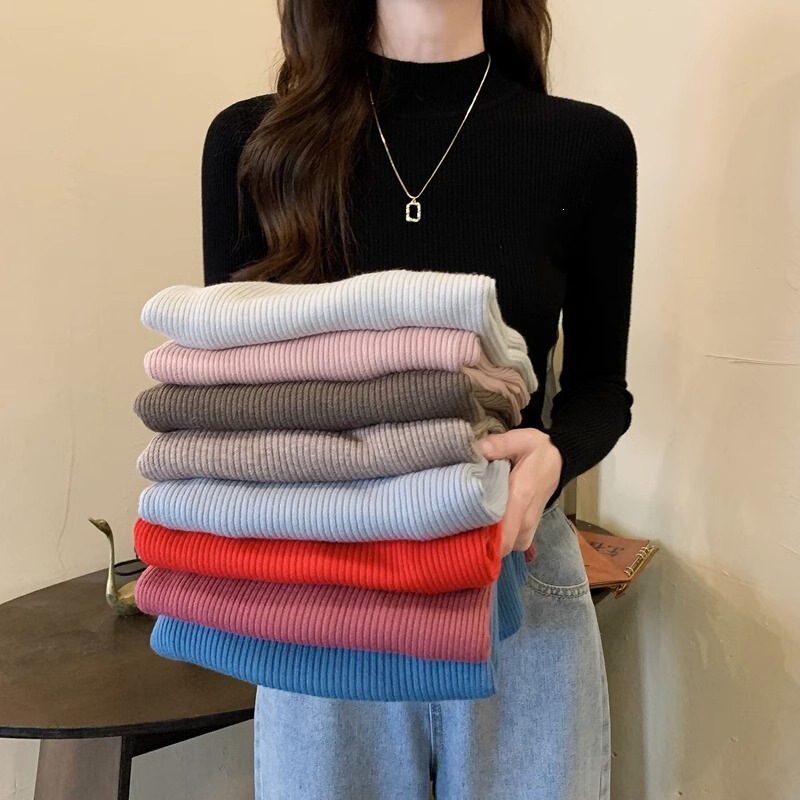 Women's half-high collar sweater, autumn and winter slim-fit long-sleeve base layer knit top, stylish mid-collar top for spring and autumn Women's half-high collar sweater, autumn and winter slim-fit long-sleeve base layer knit top, stylish mid-collar top for spring and autumn