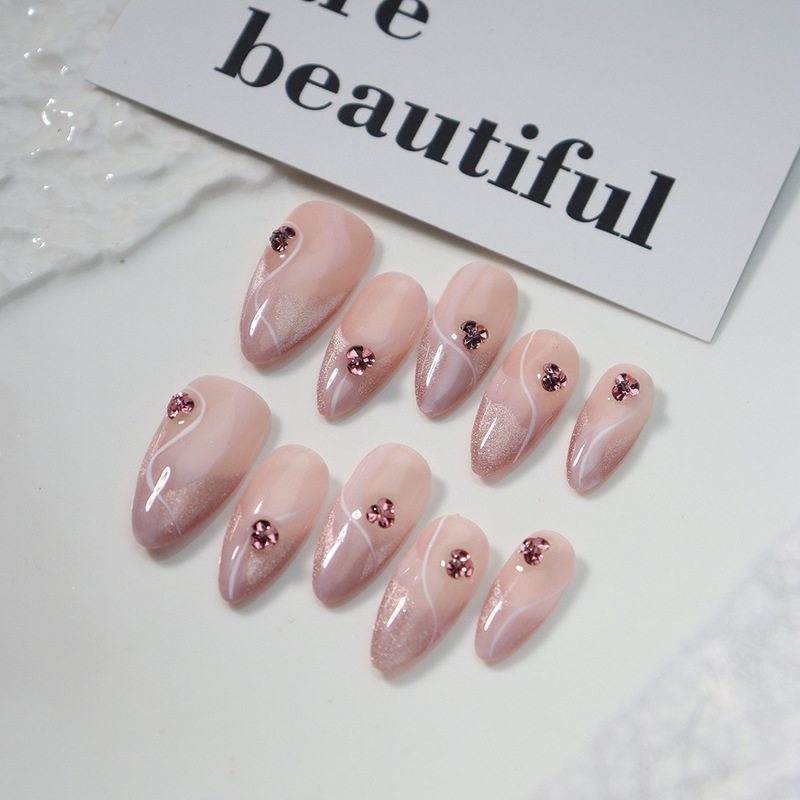 New Wearable Nails Pure Handmade Hand-Painted Little Red Book Ins Style Bridal Nails Pink with Diamonds Gentle French Manicure Pieces