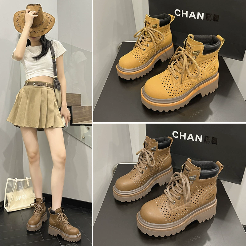 Полые сапоги из ревеня, женские летние дышащие крутые сапоги 2023, перфорированные ботинки из натуральной кожи, повседневные короткие сапоги с увеличением роста