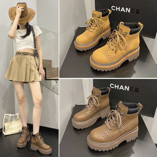 Hollow Rhubarb Boots Women's  Summer Breathable Sandals Genuine Leather Perforated Martin Boots Inner Height Casual Women's Short Boots