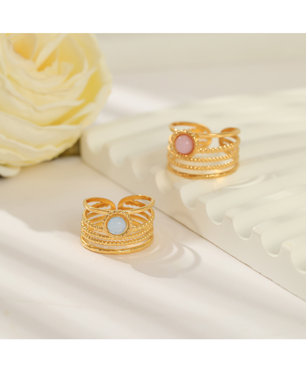 Retro Round Stainless Steel Inlay Natural Stone Open Ring