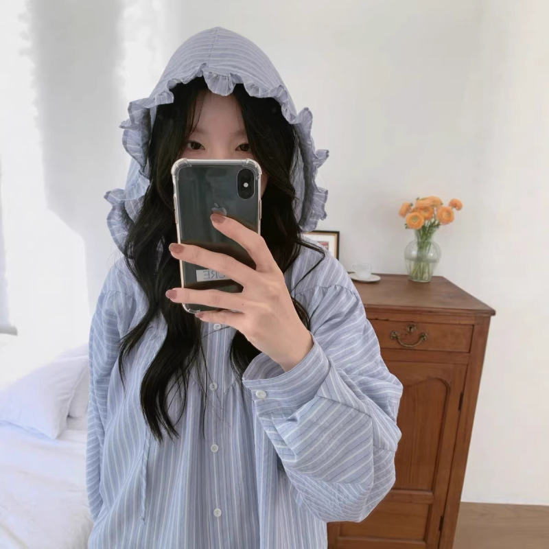 In Stock: New Korean Dongdaemun Women's Clothing, Gentle and Fresh Vertical Striped Ruffled Hooded Shirt, Loose Top