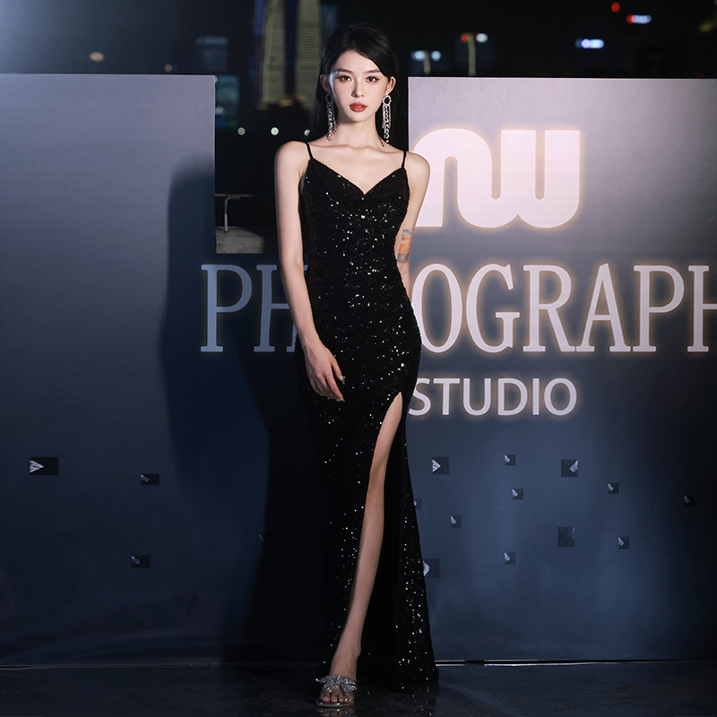 Black Evening Dress for Women 2026 New Style Light Luxury Niche Elegant Fishtail High Slit Long Dress Host Runway Dress