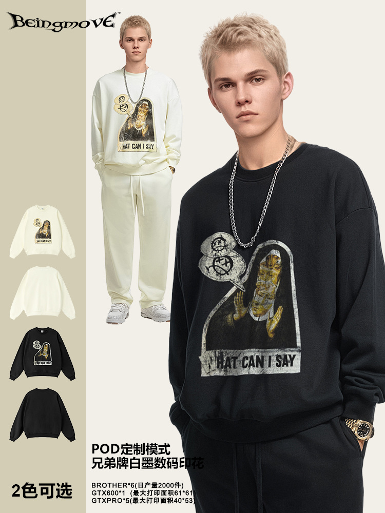 2025 otoño Europa y América marca de moda retrógrada divertida impresión de cuello redondo camisa de manga larga chaqueta de cuello redondo de gran tamaño de moda masculina