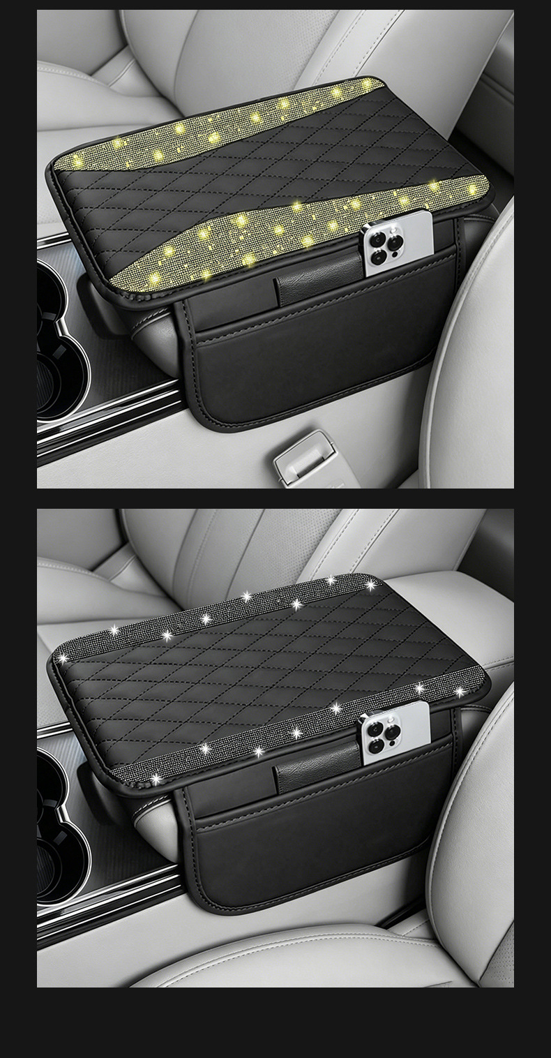 Car Armrest Box Mat, Crystal Diamond Center Console Cover, Leather Protective Mat, Armrest Pad, Side Storage Bag Protective Mat