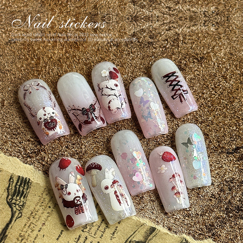 Papel adhesivo de uñas en línea popular conejo oscuro conejo violento estilo gótico chica caliente desgaste pegatina de uñas alivio tridimensional