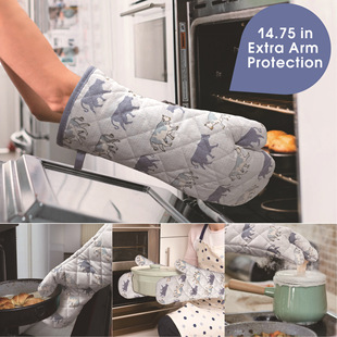 Pure Cotton Printed Oven Gloves Commercial Baking Extended Anti-Scalding Heat Insulation High Temperature Custom Printed Pattern Logo