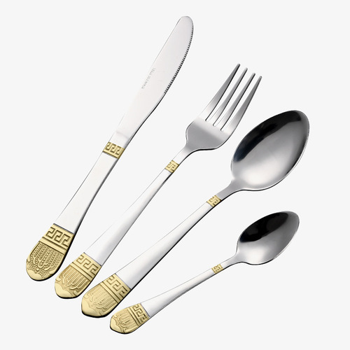 Cross-border stainless steel tableware spoons and forks, antique gold-plated Western-style knife and fork set, hotel steak knife and fork set, wholesale