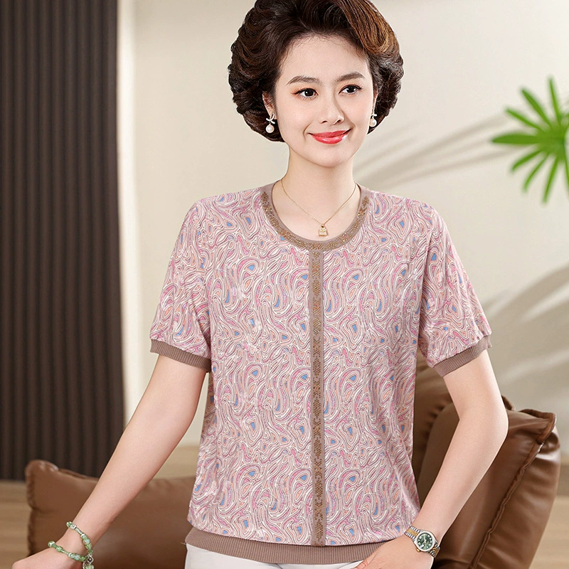Иностранная мама с короткими рукавами футболка среднего и пожилого женского темперамента летняя мода цветочная новая китайская рубашка в стиле 2025