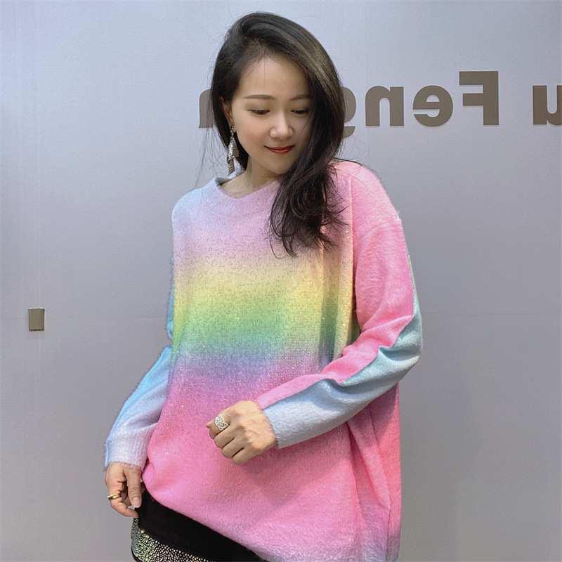 Ropa de comercio exterior, novedad de invierno 2026, estilo europeo, suéter de punto con pedrería resistente para mujer, suéter de manga larga con cuello redondo y diseño de arcoíris para mujer