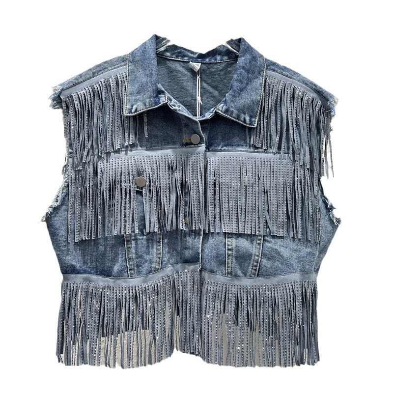 Pequeño diseño de chaqueta de diamante caliente sin mangas jeans de verano coreano 2024 delgado cintura alta corta chaleco de color sólido image 5