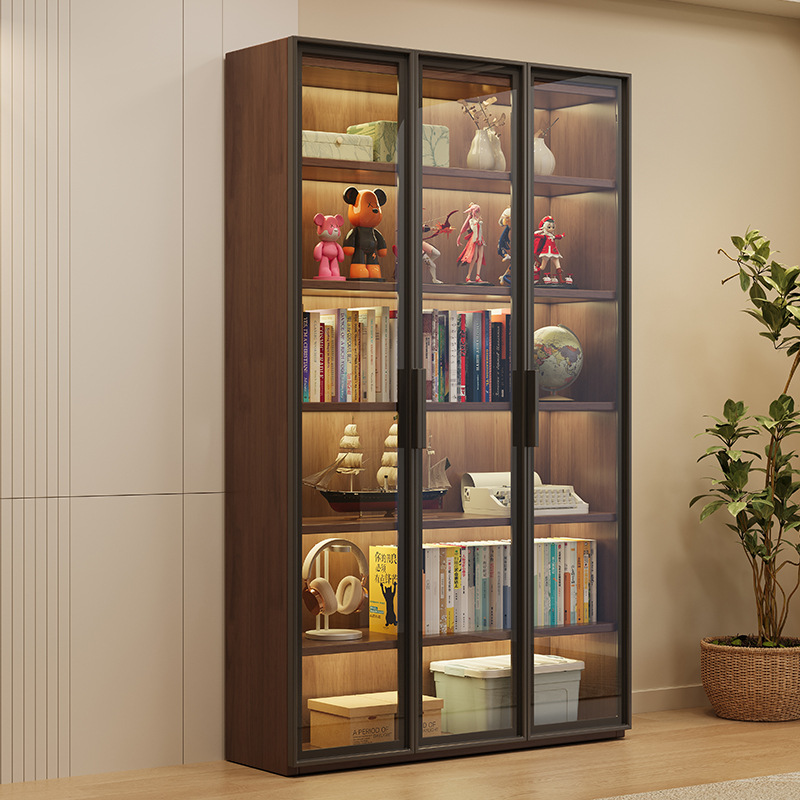 Solid Wood Wine Cabinet with Glass Door Living Room Display Cabinet Household Dust-Proof Storage Cabinet Walnut Floor-Standing Storage Cabinet