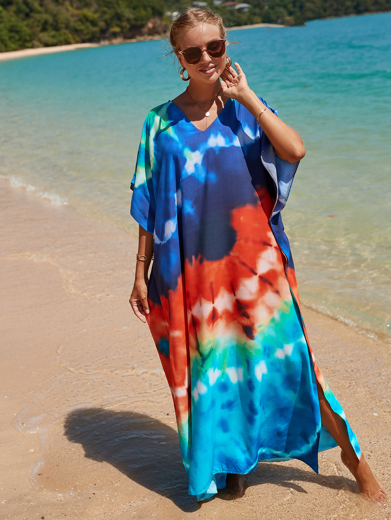 printed loose short sleeve v neck slit beach outdoor cover-up-Multicolor NSMUX131415